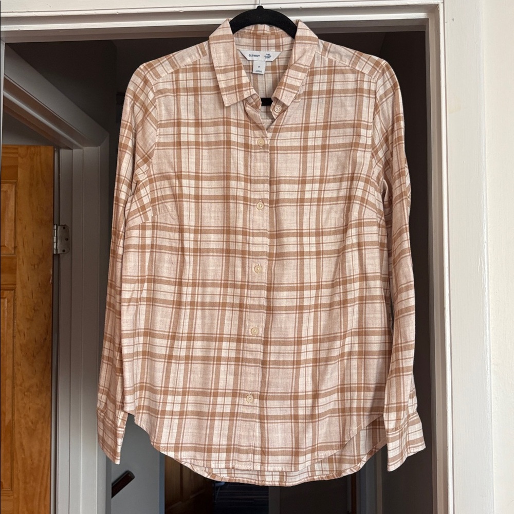 Old Navy Tan and Cream Plaid Shirt 100% Cotton
